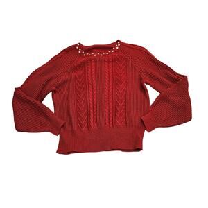 Women's Red Cable Knit Sweater Rhinestone Embellished Neck Size Large
